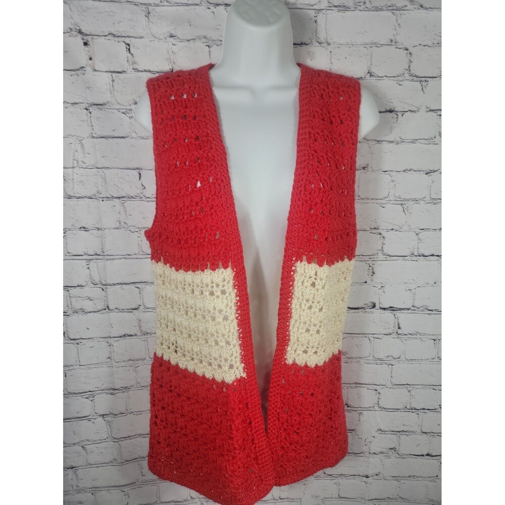 Hand Made Crochet Long Legnth Vest Boho Hippie Festival Ivory/Red